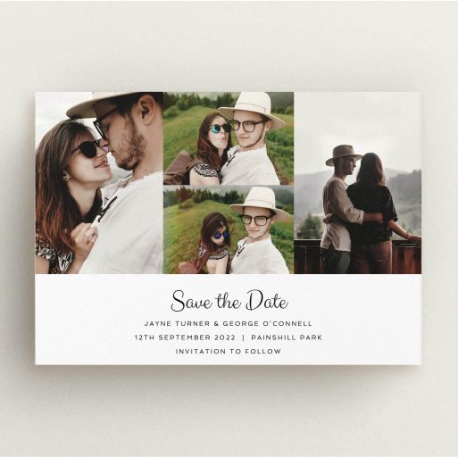 A wedding save the date card named "Cheek by Jowl". It is an A5 card in a landscape orientation. It is a photographic wedding save the date card with room for 4 photos. "Cheek by Jowl" is available as a flat card, with mainly white colouring.