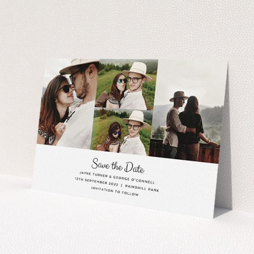 A wedding save the date card named 'Cheek by Jowl'. It is an A5 card in a landscape orientation. It is a photographic wedding save the date card with room for 4 photos. 'Cheek by Jowl' is available as a flat card, with mainly white colouring.