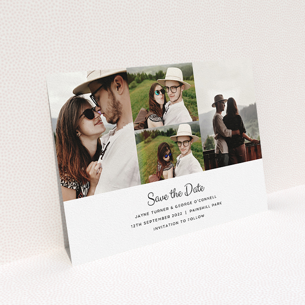 A wedding save the date card named "Cheek by Jowl". It is an A5 card in a landscape orientation. It is a photographic wedding save the date card with room for 4 photos. "Cheek by Jowl" is available as a flat card, with mainly white colouring.