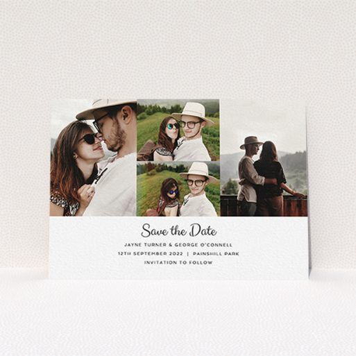 A wedding save the date card named "Cheek by Jowl". It is an A6 card in a landscape orientation. It is a photographic wedding save the date card with room for 4 photos. "Cheek by Jowl" is available as a flat card, with mainly white colouring.