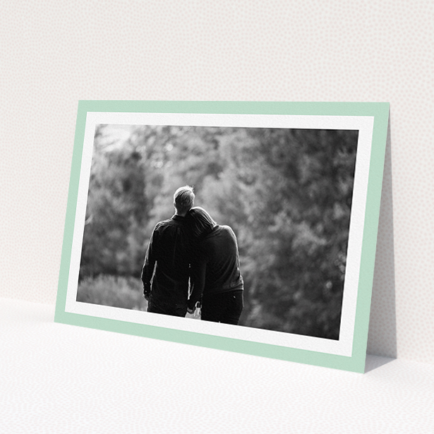 A wedding save the date card template titled 'Classic Mint Photo Frame'. It is an A5 card in a landscape orientation. It is a photographic wedding save the date card with room for 1 photo. 'Classic Mint Photo Frame' is available as a flat card, with tones of green and white.