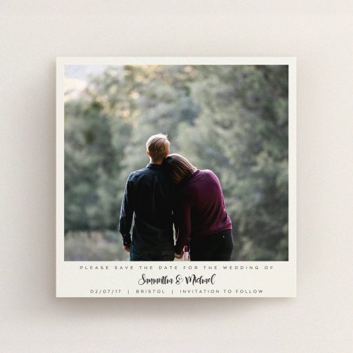 A wedding save the date card design titled "Clear Colour". It is a square (148mm x 148mm) card in a square orientation. It is a photographic wedding save the date card with room for 1 photo. "Clear Colour" is available as a flat card, with mainly off-white colouring.
