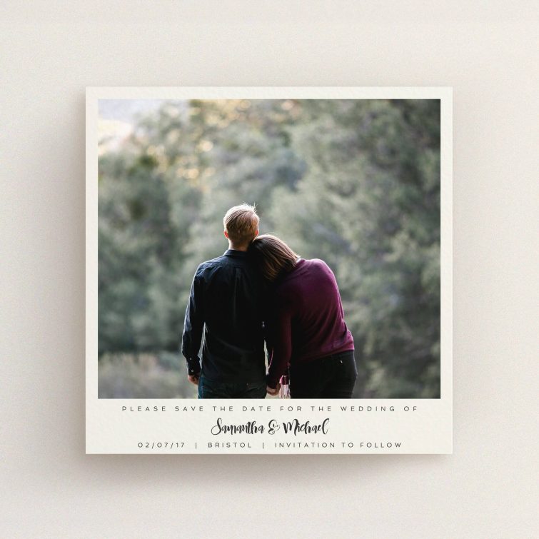 A wedding save the date card design titled "Clear Colour". It is a square (148mm x 148mm) card in a square orientation. It is a photographic wedding save the date card with room for 1 photo. "Clear Colour" is available as a flat card, with mainly off-white colouring.