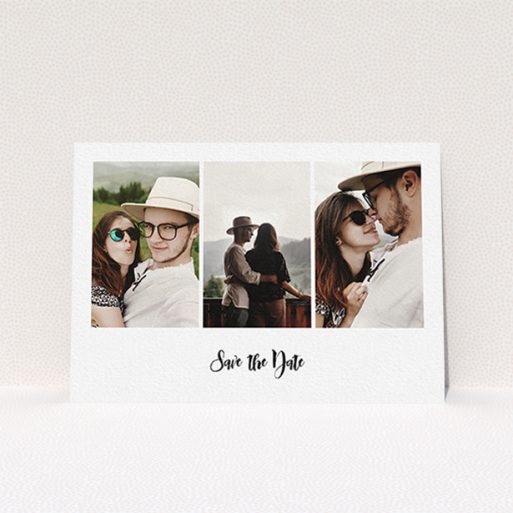 A wedding save the date card design named "Colour Photo on White". It is an A6 card in a landscape orientation. It is a photographic wedding save the date card with room for 3 photos. "Colour Photo on White" is available as a flat card, with mainly white colouring.