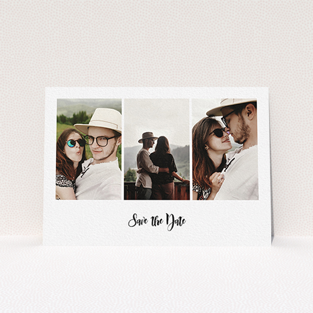 A wedding save the date card design named "Colour Photo on White". It is an A6 card in a landscape orientation. It is a photographic wedding save the date card with room for 3 photos. "Colour Photo on White" is available as a flat card, with mainly white colouring.