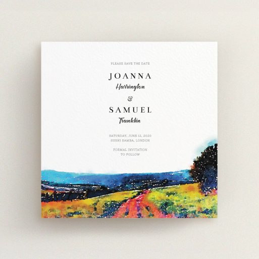A wedding save the date card template titled "Country Road". It is a square (148mm x 148mm) card in a square orientation. "Country Road" is available as a flat card, with tones of white, orange and light blue.