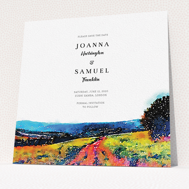 A wedding save the date card template titled "Country Road". It is a square (148mm x 148mm) card in a square orientation. "Country Road" is available as a flat card, with tones of white, orange and light blue.