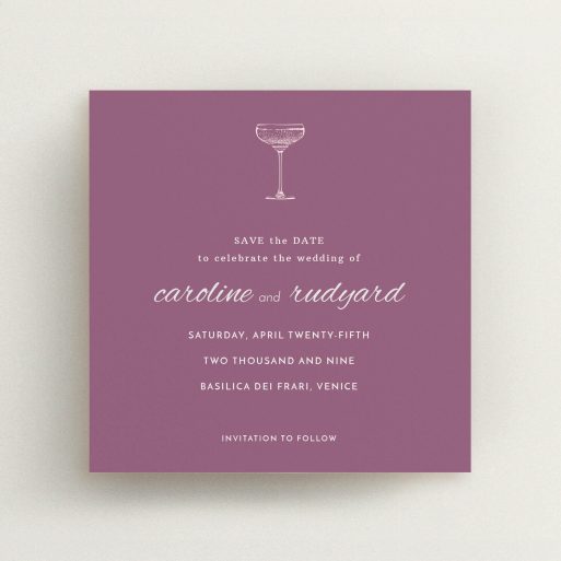 A wedding save the date card design called "Coupe". It is a square (148mm x 148mm) card in a square orientation. "Coupe" is available as a flat card, with tones of burgundy and white.