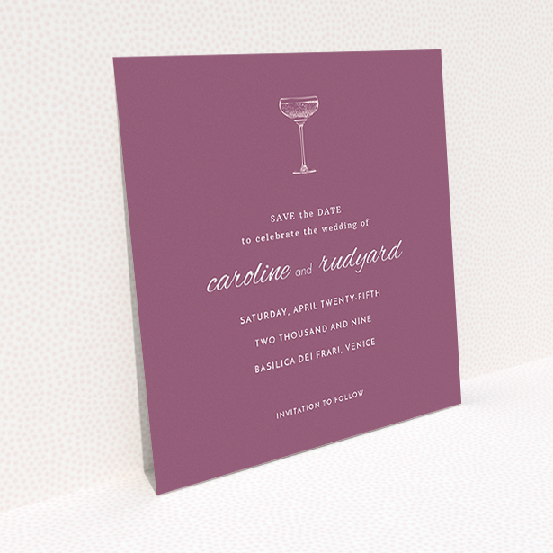 A wedding save the date card design called "Coupe". It is a square (148mm x 148mm) card in a square orientation. "Coupe" is available as a flat card, with tones of burgundy and white.