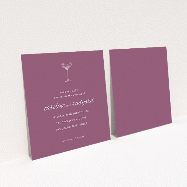 A wedding save the date card design called "Coupe". It is a square (148mm x 148mm) card in a square orientation. "Coupe" is available as a flat card, with tones of burgundy and white.