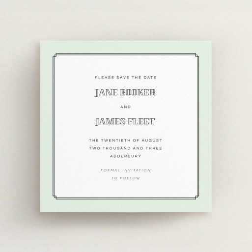 A wedding save the date card design called "Deco mint". It is a square (148mm x 148mm) card in a square orientation. "Deco mint" is available as a flat card, with tones of green and white.