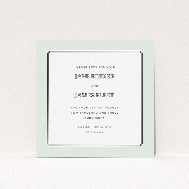 A wedding save the date card design called "Deco mint". It is a square (148mm x 148mm) card in a square orientation. "Deco mint" is available as a flat card, with tones of green and white.