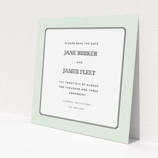 A wedding save the date card design called 'Deco mint'. It is a square (148mm x 148mm) card in a square orientation. 'Deco mint' is available as a flat card, with tones of green and white.