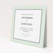 A wedding save the date card design called "Deco mint". It is a square (148mm x 148mm) card in a square orientation. "Deco mint" is available as a flat card, with tones of green and white.