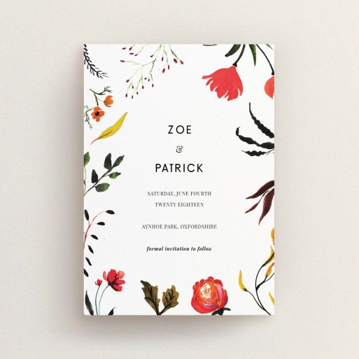 A wedding save the date card design named "Elemental Flowers". It is an A6 card in a portrait orientation. "Elemental Flowers" is available as a flat card, with tones of white, green and red.