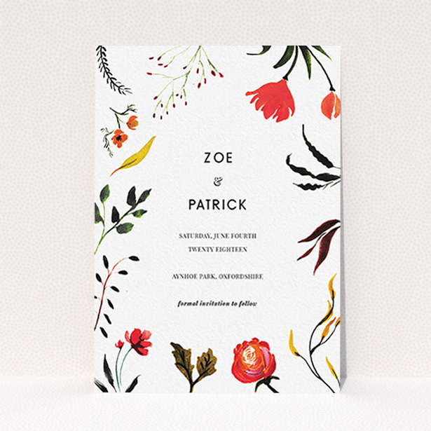 A wedding save the date card design named "Elemental Flowers". It is an A6 card in a portrait orientation. "Elemental Flowers" is available as a flat card, with tones of white, green and red.