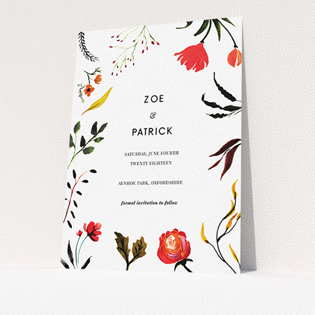 A wedding save the date card design named "Elemental Flowers". It is an A6 card in a portrait orientation. "Elemental Flowers" is available as a flat card, with tones of white, green and red.
