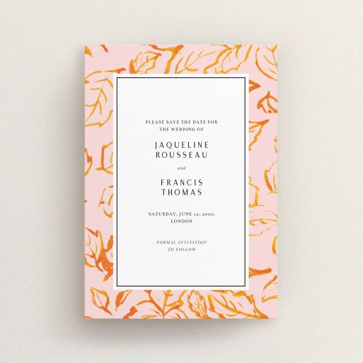 A wedding save the date card template titled "Falling Foliage". It is an A6 card in a portrait orientation. "Falling Foliage" is available as a flat card, with tones of pink and orange.