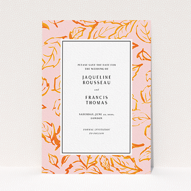 A wedding save the date card template titled "Falling Foliage". It is an A6 card in a portrait orientation. "Falling Foliage" is available as a flat card, with tones of pink and orange.