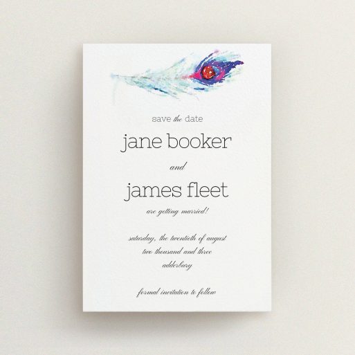 A wedding save the date card design titled "Feather in the corner". It is an A6 card in a portrait orientation. "Feather in the corner" is available as a flat card, with mainly white colouring.