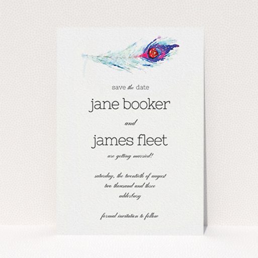 A wedding save the date card design titled "Feather in the corner". It is an A6 card in a portrait orientation. "Feather in the corner" is available as a flat card, with mainly white colouring.