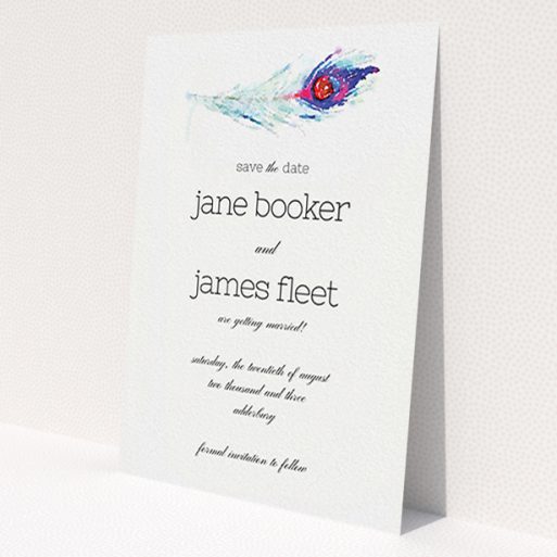 A wedding save the date card design titled 'Feather in the corner'. It is an A6 card in a portrait orientation. 'Feather in the corner' is available as a flat card, with mainly white colouring.