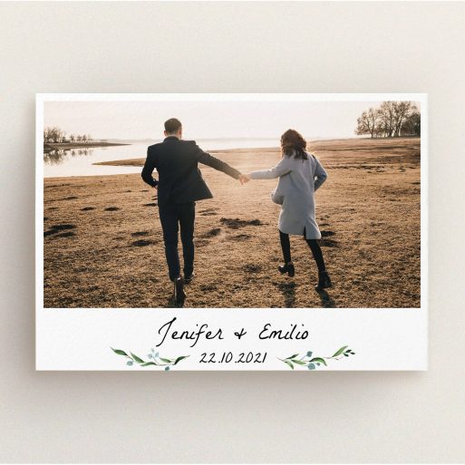 A wedding save the date card named "Floral Fix". It is an A5 card in a landscape orientation. It is a photographic wedding save the date card with room for 1 photo. "Floral Fix" is available as a flat card, with tones of black and white.