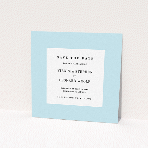 A wedding save the date card called "Folded Typography". It is a square (148mm x 148mm) card in a square orientation. "Folded Typography" is available as a flat card, with tones of blue and white.