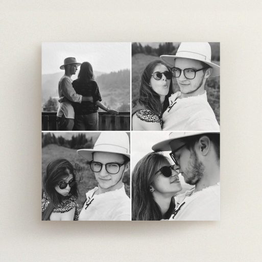 A wedding save the date card named "Four Squares Divided". It is a square (148mm x 148mm) card in a square orientation. It is a photographic wedding save the date card with room for 4 photos. "Four Squares Divided" is available as a flat card, with mainly white colouring.
