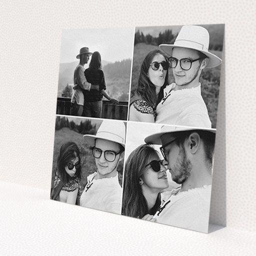 A wedding save the date card named 'Four Squares Divided'. It is a square (148mm x 148mm) card in a square orientation. It is a photographic wedding save the date card with room for 4 photos. 'Four Squares Divided' is available as a flat card, with mainly white colouring.