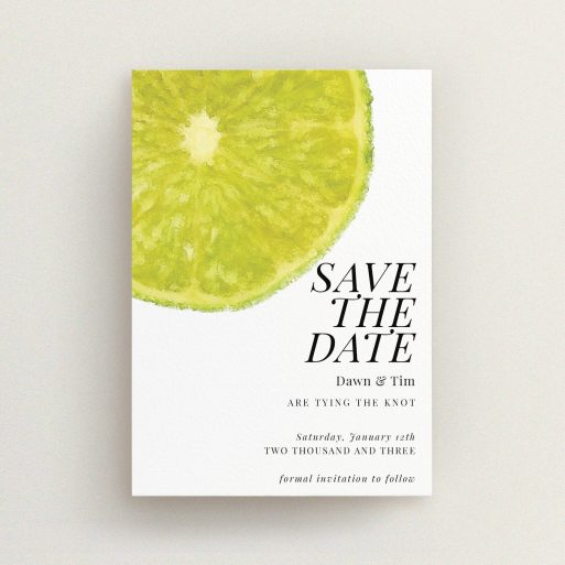 A wedding save the date card design called "Fresh lime". It is an A6 card in a portrait orientation. "Fresh lime" is available as a flat card, with tones of green and white.