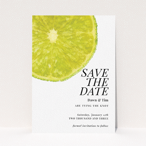 A wedding save the date card design called "Fresh lime". It is an A6 card in a portrait orientation. "Fresh lime" is available as a flat card, with tones of green and white.