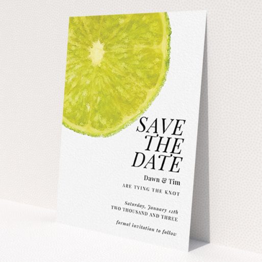 A wedding save the date card design called 'Fresh lime'. It is an A6 card in a portrait orientation. 'Fresh lime' is available as a flat card, with tones of green and white.