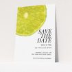 A wedding save the date card design called "Fresh lime". It is an A6 card in a portrait orientation. "Fresh lime" is available as a flat card, with tones of green and white.