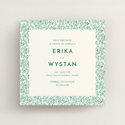 A wedding save the date card design named "From the hedge". It is a square (148mm x 148mm) card in a square orientation. "From the hedge" is available as a flat card, with mainly green colouring.
