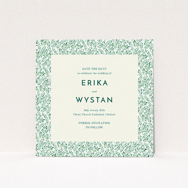 A wedding save the date card design named "From the hedge". It is a square (148mm x 148mm) card in a square orientation. "From the hedge" is available as a flat card, with mainly green colouring.