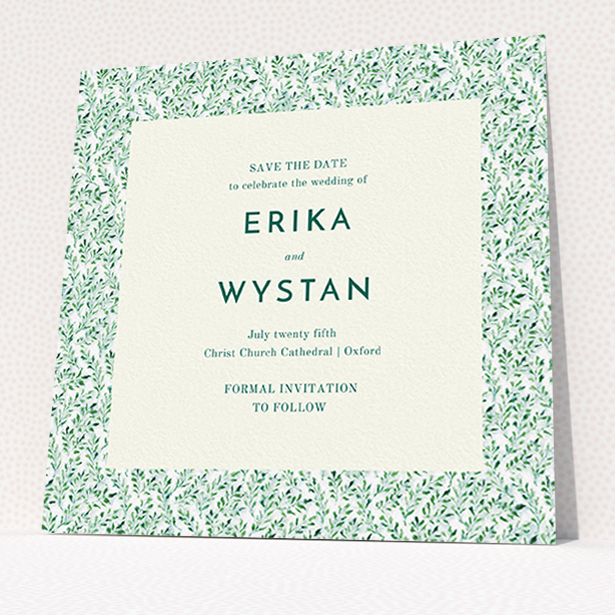 A wedding save the date card design named "From the hedge". It is a square (148mm x 148mm) card in a square orientation. "From the hedge" is available as a flat card, with mainly green colouring.