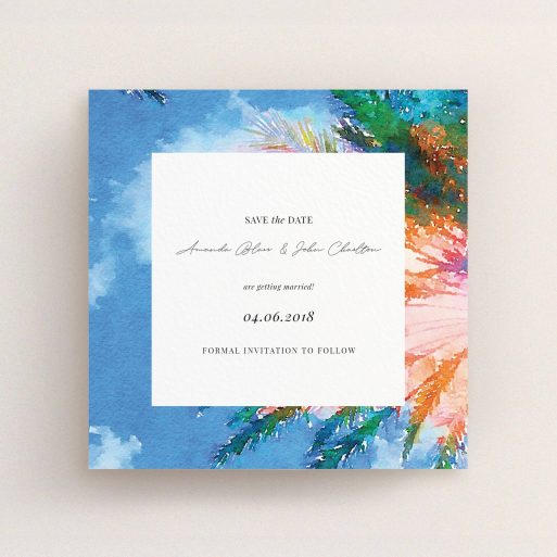 A wedding save the date card design titled "From the Sunbed". It is a square (148mm x 148mm) card in a square orientation. "From the Sunbed" is available as a flat card, with tones of sky blue and green.