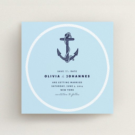 A wedding save the date card design named "Full knot". It is a square (148mm x 148mm) card in a square orientation. "Full knot" is available as a flat card, with tones of blue and white.