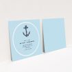 A wedding save the date card design named "Full knot". It is a square (148mm x 148mm) card in a square orientation. "Full knot" is available as a flat card, with tones of blue and white.