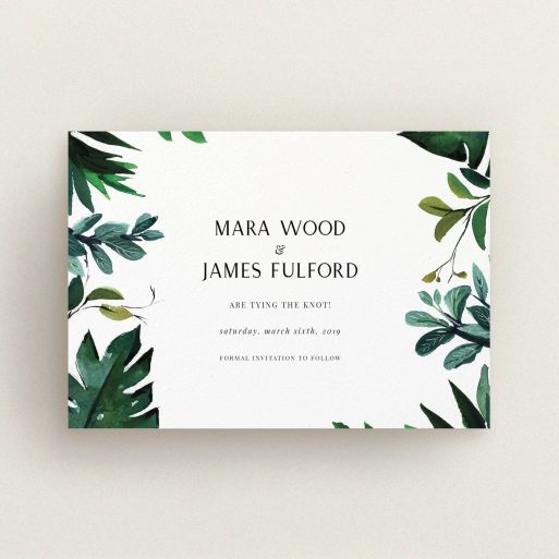 A wedding save the date card called "Gap in the Jungle". It is an A6 card in a landscape orientation. "Gap in the Jungle" is available as a flat card, with tones of blue and green.