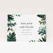 A wedding save the date card called "Gap in the Jungle". It is an A6 card in a landscape orientation. "Gap in the Jungle" is available as a flat card, with tones of blue and green.