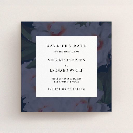 A wedding save the date card template titled "Garden at night". It is a square (148mm x 148mm) card in a square orientation. "Garden at night" is available as a flat card, with mainly navy blue colouring.