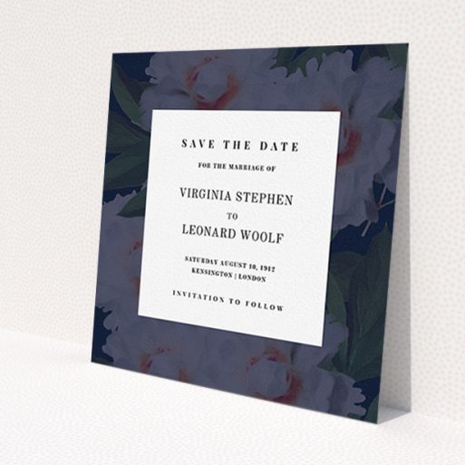 A wedding save the date card template titled 'Garden at night'. It is a square (148mm x 148mm) card in a square orientation. 'Garden at night' is available as a flat card, with mainly navy blue colouring.