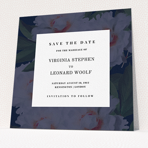 A wedding save the date card template titled "Garden at night". It is a square (148mm x 148mm) card in a square orientation. "Garden at night" is available as a flat card, with mainly navy blue colouring.