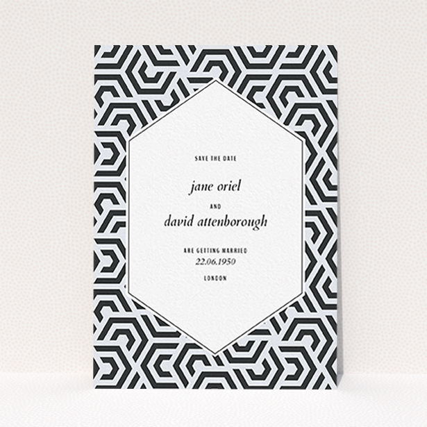 A wedding save the date card called "Geometric corners". It is an A6 card in a portrait orientation. "Geometric corners" is available as a flat card, with mainly blue colouring.