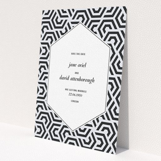A wedding save the date card called 'Geometric corners'. It is an A6 card in a portrait orientation. 'Geometric corners' is available as a flat card, with mainly blue colouring.