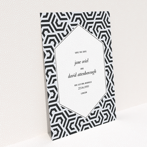 A wedding save the date card called "Geometric corners". It is an A6 card in a portrait orientation. "Geometric corners" is available as a flat card, with mainly blue colouring.