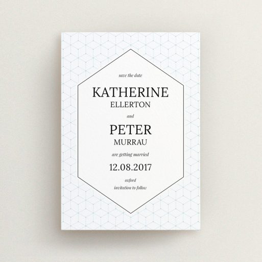 A wedding save the date card named "Geometric grid". It is an A6 card in a portrait orientation. "Geometric grid" is available as a flat card, with tones of blue and white.