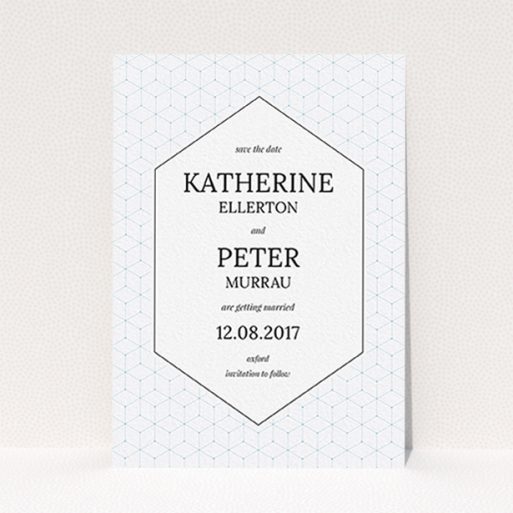 A wedding save the date card named "Geometric grid". It is an A6 card in a portrait orientation. "Geometric grid" is available as a flat card, with tones of blue and white.